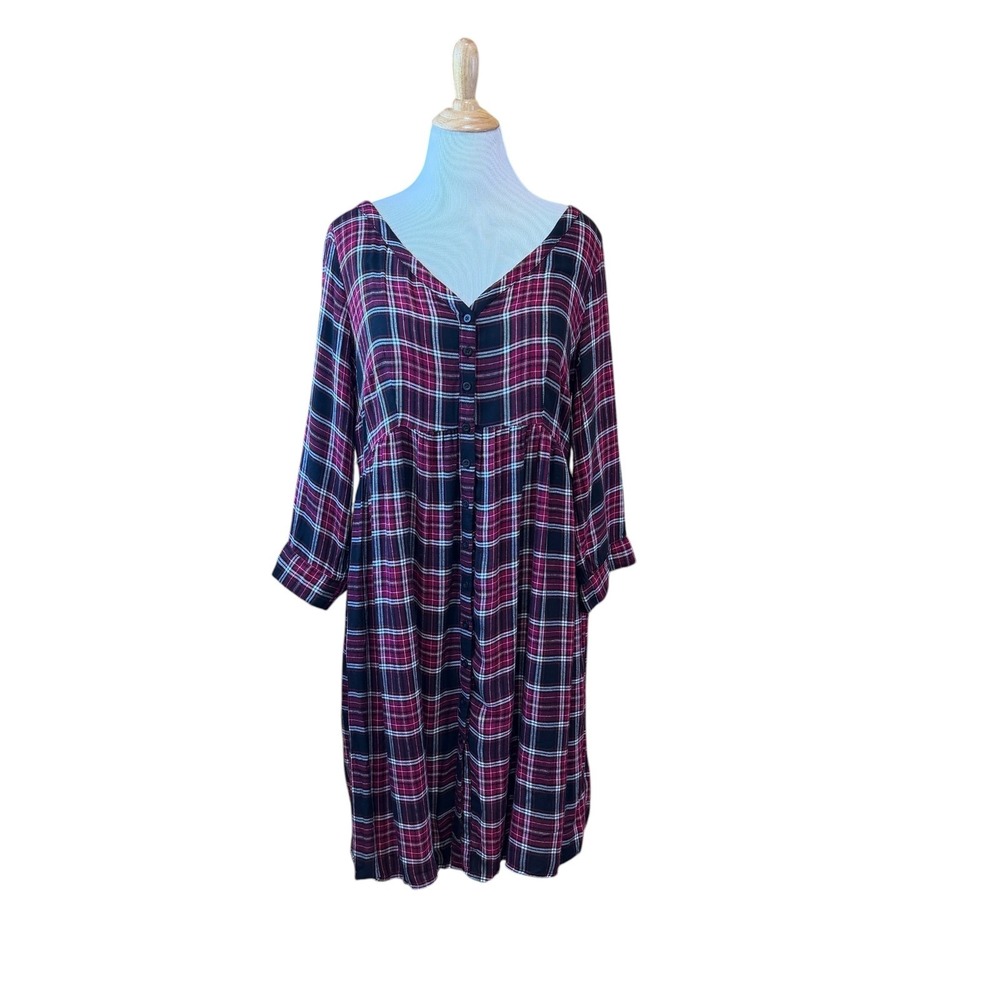 Torrid Fall Burgundy Black & White Plaid Flannel Babydoll Shirt Dress Size 1X